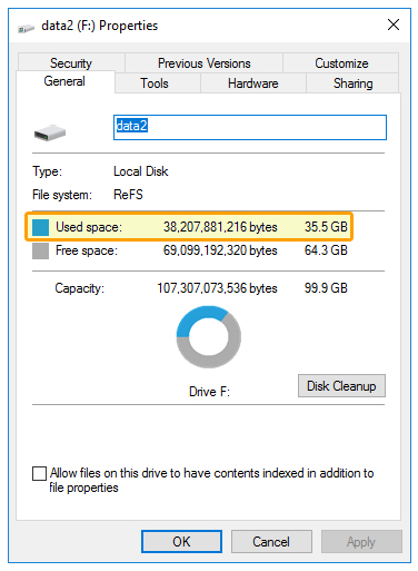 Server 2016 Disk Space Usage ReFS 64K